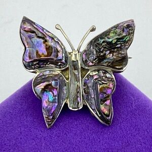 💛 Vintage Alpaca Silver Butterfly Brooch | Iridescent Abalone Shell Inlay